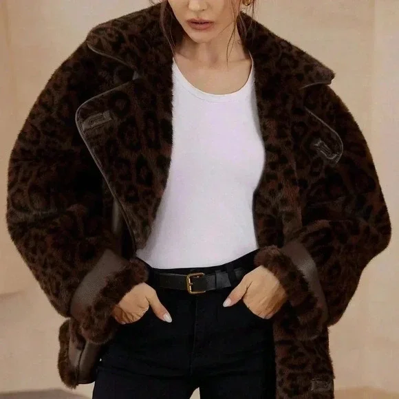 Brown Casual Women's Leopard Print Patchwork Fluffy Faux Leather Aviator Jacket - Picture 3 of 8